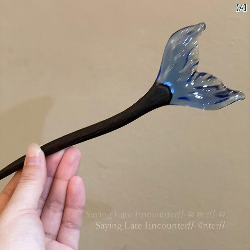 かんざし レディース ヘアアクセサリー 簪 エスニック 髪飾り ブルー フィッシュテール ヘアピン チャイナ風 豪華 木 プレート レトロ アクセサリー