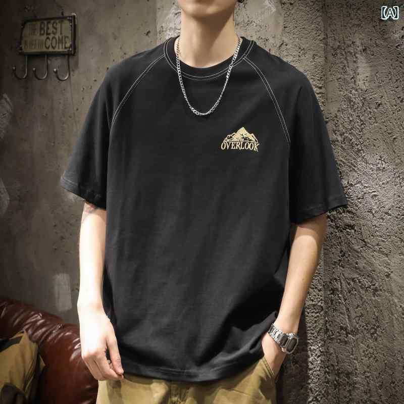 ｔシャツ アメリカン ドロップショルダースリーブ プリント Tシャツ メンズ 半袖 夏 ゆったり 大きめサイズ 厚手 綿 五分袖 ラウンドネック レジャー