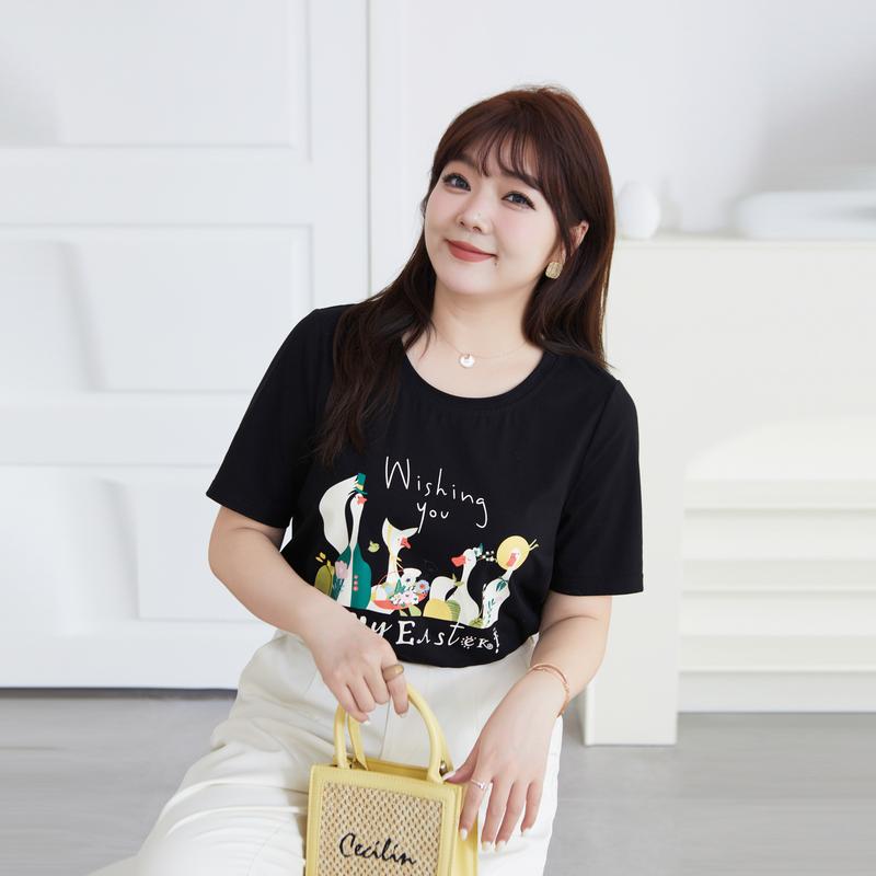 Ｔシャツ 半袖 夏 レディース 婦人服 大きめサイズ ゆったり ぽっちゃり シャツ お腹カバー ラウンドネック プリント