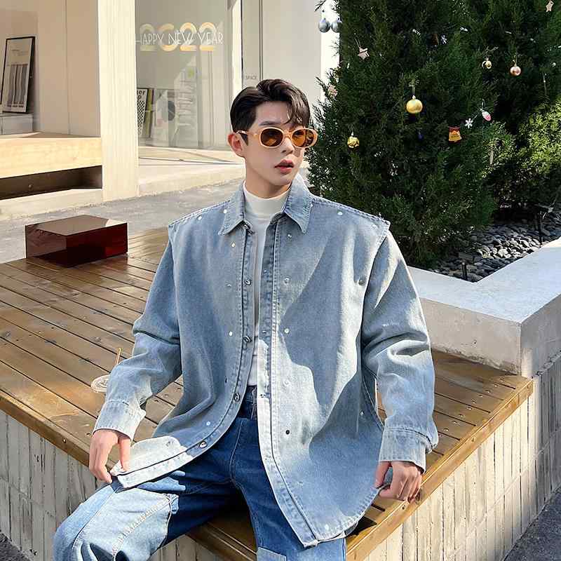 ジャケット 韓国 フェイク セットアップ ステッチ デニムシャツ メンズ メタル バックル レトロ ストリート ジャケット シック｜セキュアデポ