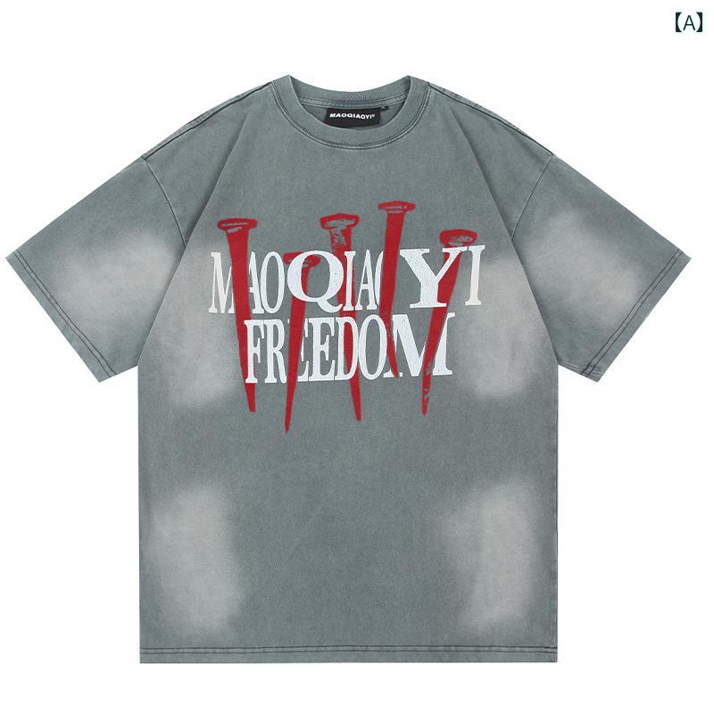 Tシャツ おしゃれ メンズ 半袖 夏 ストリート アメリカン カジュアル 紳士服 メンズ ゆったり トップス レトロ ラウンドネック プリント