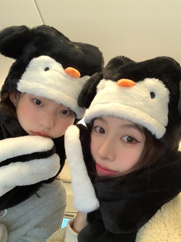 レディース 冬 帽子 手袋 スカーフ 厚手 暖かい 耳保護 ペンギン かわいい フード付き スカーフ 用