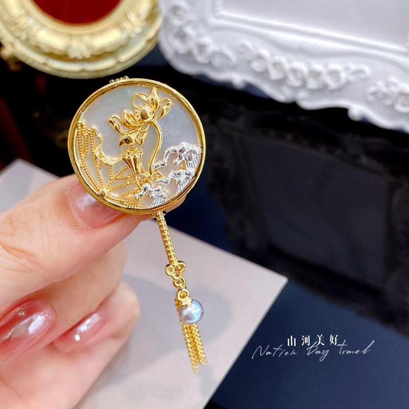 アクセサリー レディース DIY ※パールし 空ホルダー 半完成 中華風 螺鈿 扇子 ブローチ ピン パール 蜜蝋 翡翠 コサージュ ホルダー