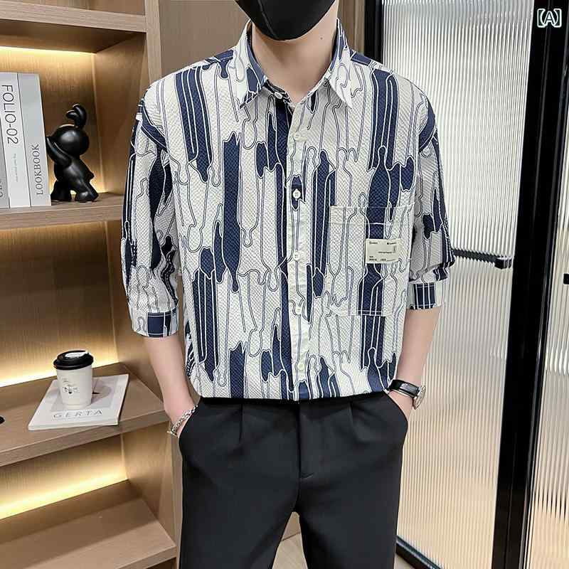 柄シャツ メンズ ファッション 夏 ミドルスリーブ 通気性 シャツ 韓国 キャバ 五分袖 クール スタイリッシュ