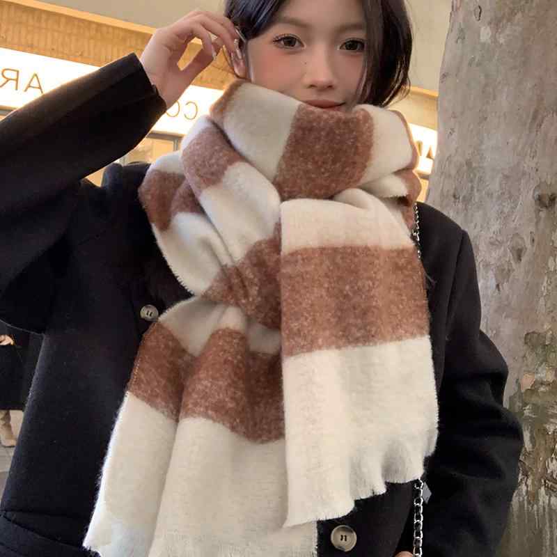 レディース 冬 マフラー おしゃれ 防寒 スカーフ ハイエンド 韓国 レトロ 対照的 ストライプ 厚手 暖かい スカーフ ショール