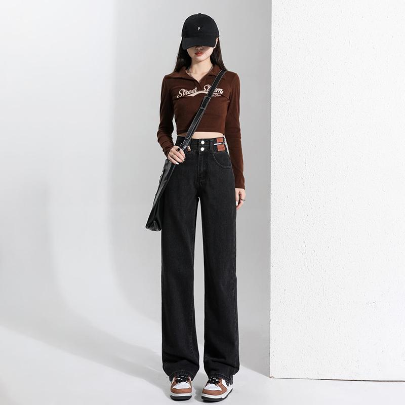 パンツ デニム レディース 春 ハイウエスト 小柄 ドレープ 女性用 厚手 細い ワイド レッグ ジーンズ ストレート レッグ モップ