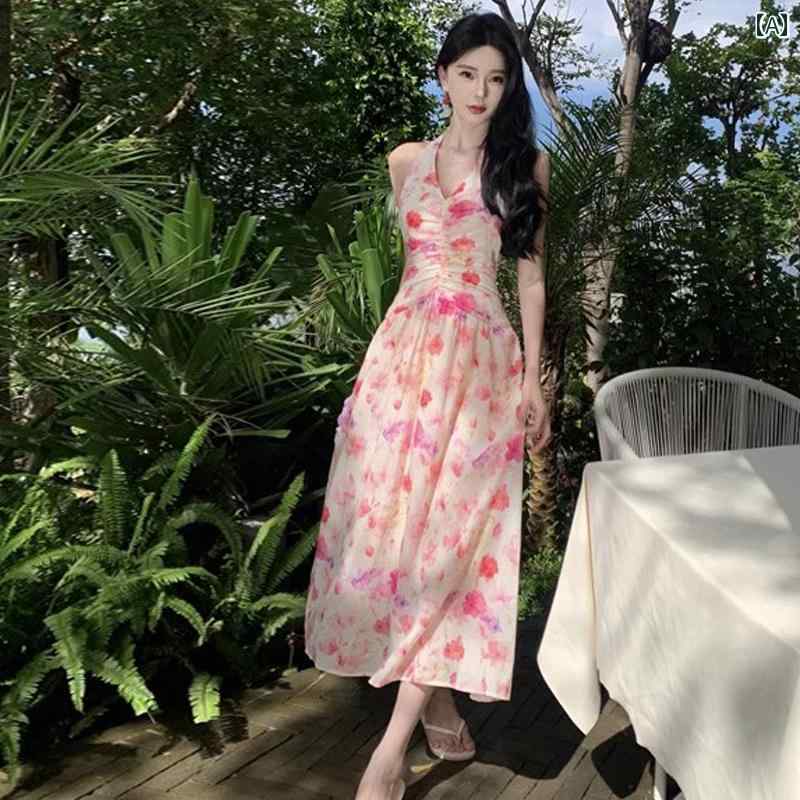レディース 夏 リゾート ワンピース 旅行 衣装 優しい プリーツ 花柄 バックレス ホルターネック ドレス スリム 海辺 ビーチ