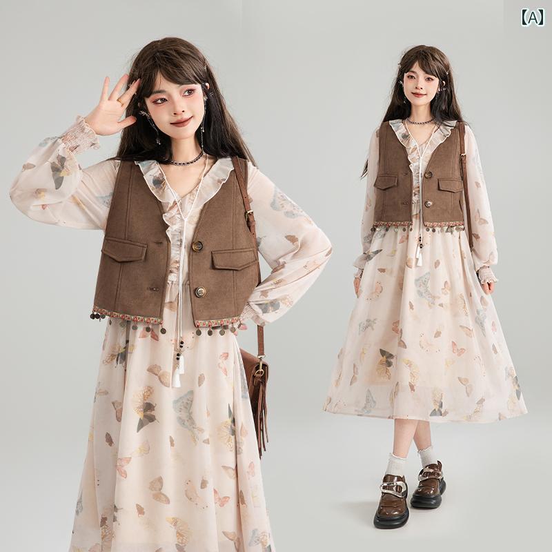 蝶 花柄 シフォンワンピース 長袖 ドレス 秋 フレンチ Vネック スエードベスト レーシー バレエコア 韓国 ファッション かわいい フェアリー 女子力アップ デート 仕事 式典