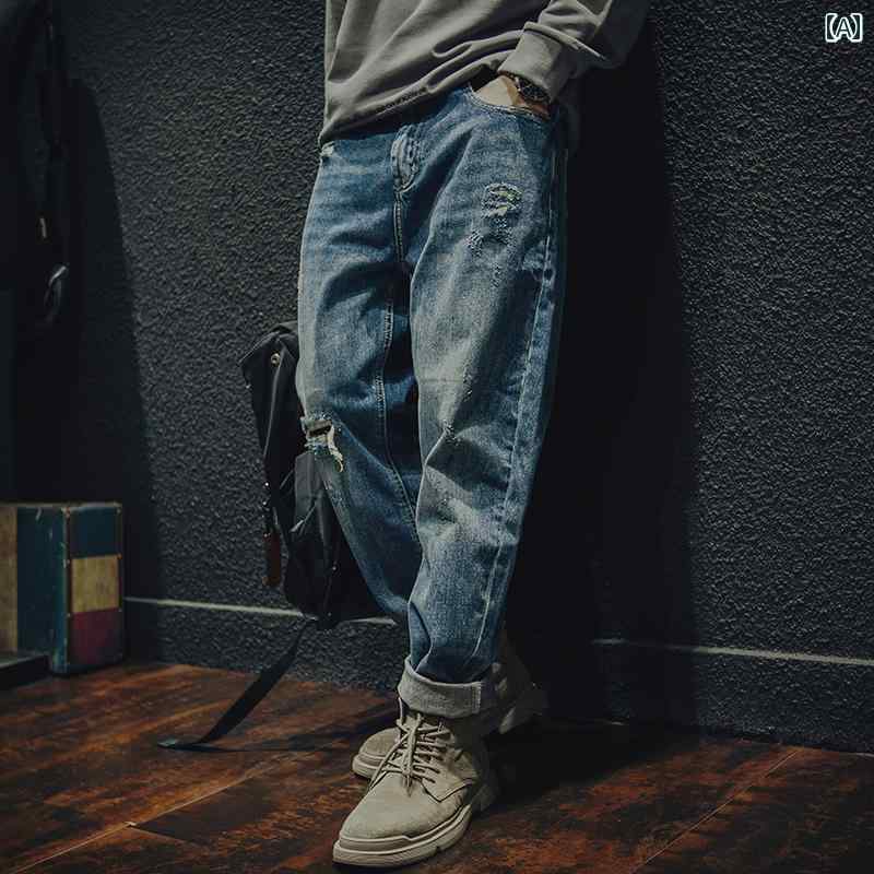 メンズ 春秋 リップド ジーンズ レトロ 大きいサイズ ズボン 快適 パンツ デニム 厚手 レジャー ロング ストレートレッグ 穴 ひげ