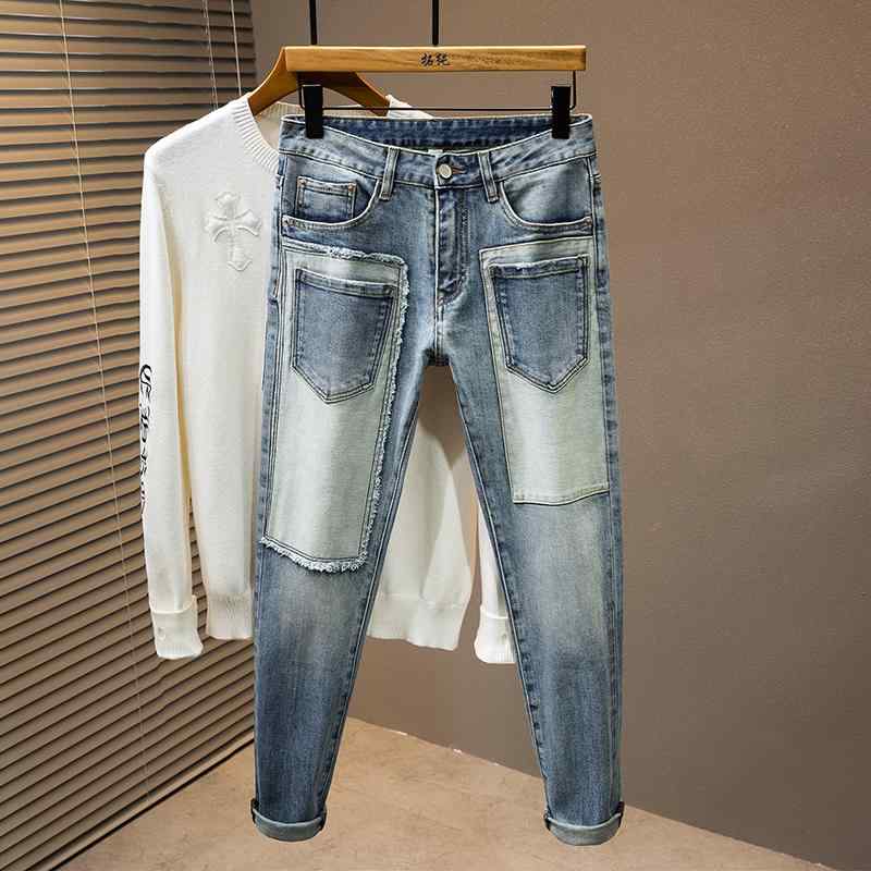 パンツ デニムパンツ メンズ アメリカ 春秋 若々しい スリムフィット ストレッチ クロップド ジーンズ スプライシング ライト カラーパッチ デニムパンツ メンズ