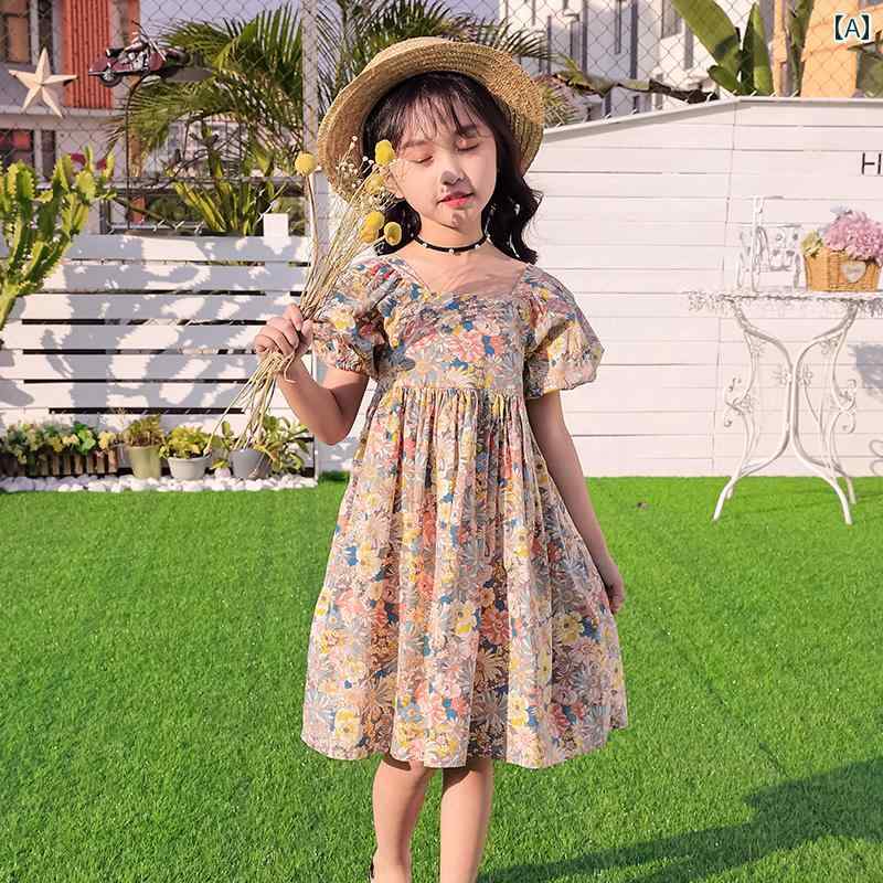 夏 ワンピース かわいい 女の子 ガールズ 花柄 バックレス ドレス パフ 半袖 中 大型 子供 休暇 ビーチ スカート