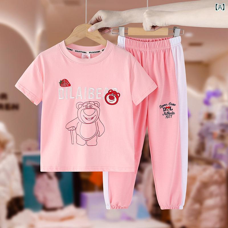 トップス キッズ ガールズ スーツ 夏 子供服 小さい ガールズ イチゴ クマ Tシャツ 夏 スポーツ レジャー 2点 セット