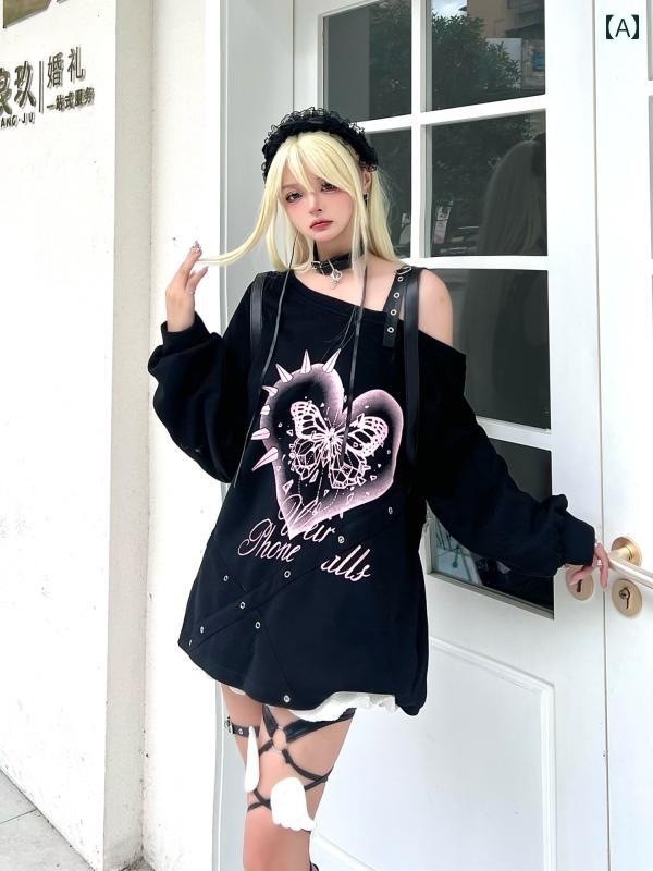 女の子 ファッション ガーリー クール 春秋 オフショルダー レザー バックル ゆったり 長袖 肩出し ハート 病み系女子 かわいい オーバー インスタ映え