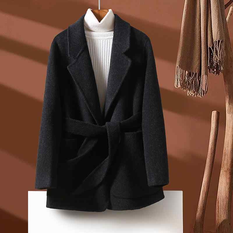コート レディース ファッション 上品 ハイエンド レースアップ 両面 女性 ショート ウサギ ベルベット 桑 スーツ 襟 ウール
