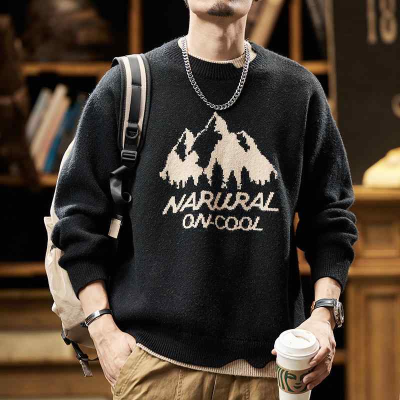 メンズトップス アメリカ カジュアルン レトロ ヘビーウェイト フェイク ツーピース セーター 男性用 冬 ラウンドネック インナーレイヤリング セーター 男性用
