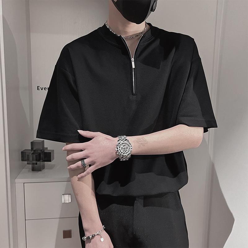 メンズ ダーク 七分袖 半袖 Tシャツ 夏 ひんやり 涼しい 快適 ジッパー ワッフル トップス 紳士服 メンズ ハーフジッププルオーバーシャツ ゆったり クール 豪華感 Vネック ファッション スタイリッシュ