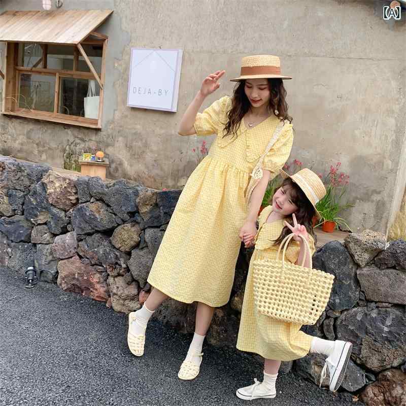 親子 コーデ ペアルック レディース 女の子 プリンセス ファッション 大人 子供 母娘 お揃い ファミリー リンク コーデ 韓国 チェック 薄手 夏 リゾート 旅行 家族写真 イエロー