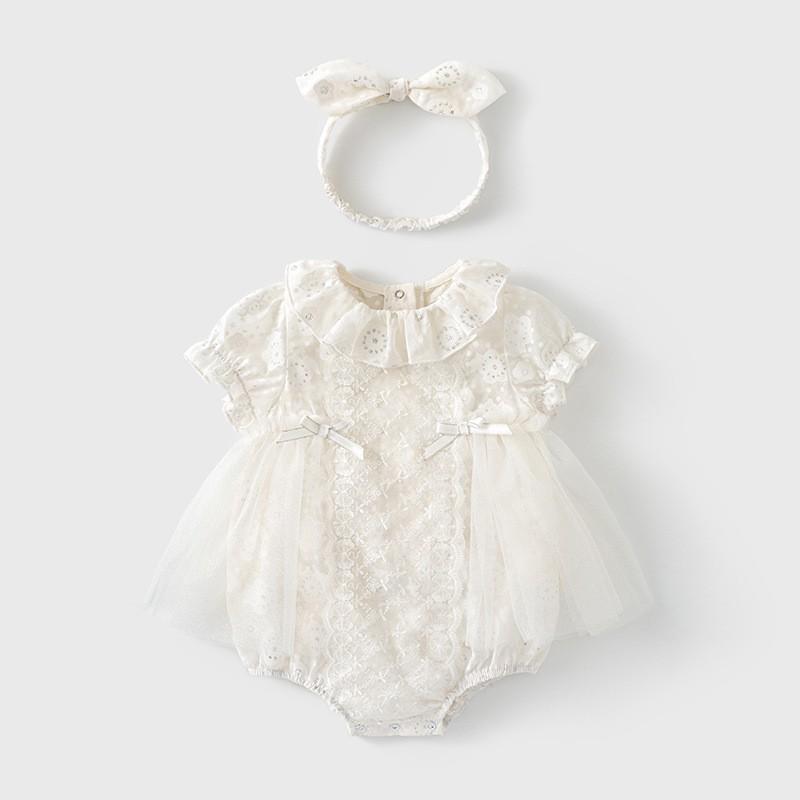 ベビー 服 夏 薄手 女の子 ファッション 赤ちゃん ウェア ドレス プリンセス 新生児 メッシュ 半袖 ヘアバンド フラワー レース 花柄 おしゃれ リボン キュート ホワイト