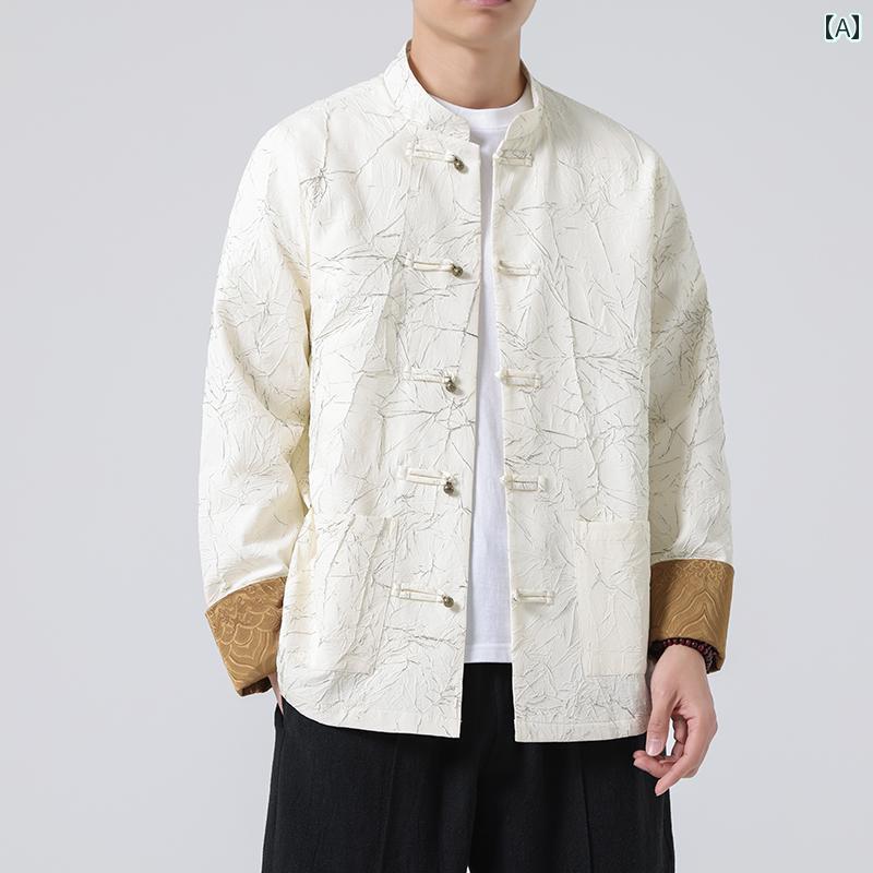 メンズ チャイナ風 ジャケット 春 エンボス加工 プリーツ 中国風 メンズ レトロ チュニック レジャー ボタン装飾 ファッション｜セキュアデポ