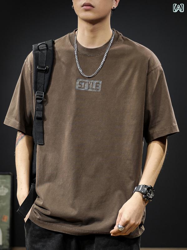 Tシャツ トップス レトロ メンズ 綿 半袖 メンズ 夏 クラシック ウォッシュ プリント カジュアル