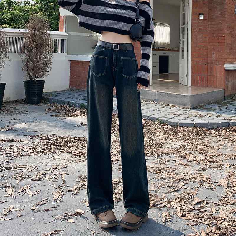 パンツ デニム レディース セメント グレー ワイド レッグ ジーンズ 春 ハイウエスト ストレート 拡張 フロアレングス
