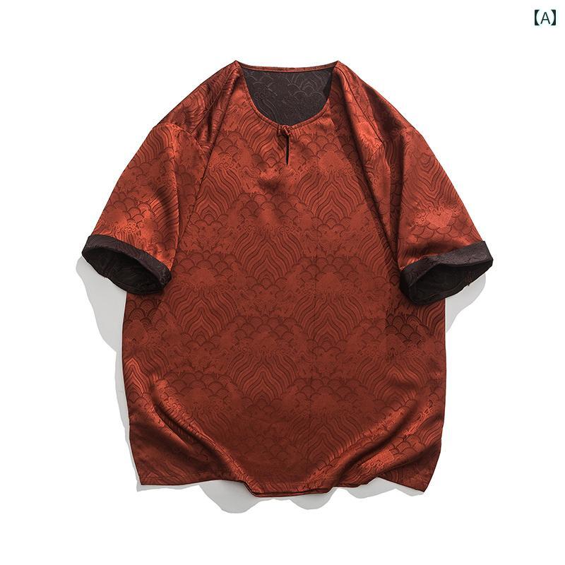メンズ カジュアル 夏 T シャツ トップス 中華風 サマー ウェア かっこいい 普段着 日常使い レトロ ジャカード ゆったり 大きいサイズ 男性用