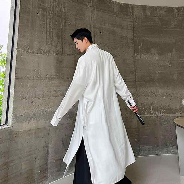 シャツ メンズ カジュアル 長袖 おしゃれ 韓国 シルエット 白 ウドブレーカー 男性 女性 裾 スリット ウエスト ロング 膝上