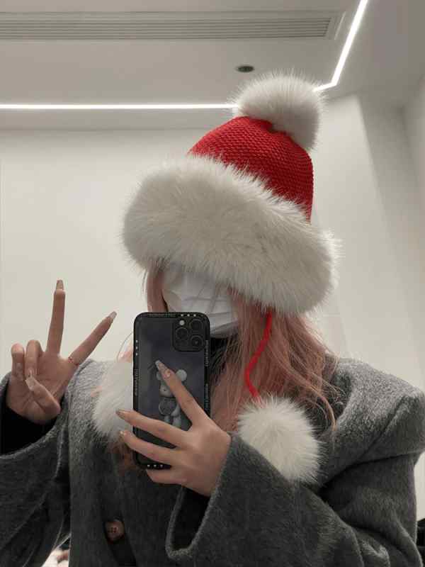 レディース 秋 冬 ニット ウール 帽 帽子 赤い ストラップ ファッション 裏起毛 韓国 厚手 暖かい 耳保護