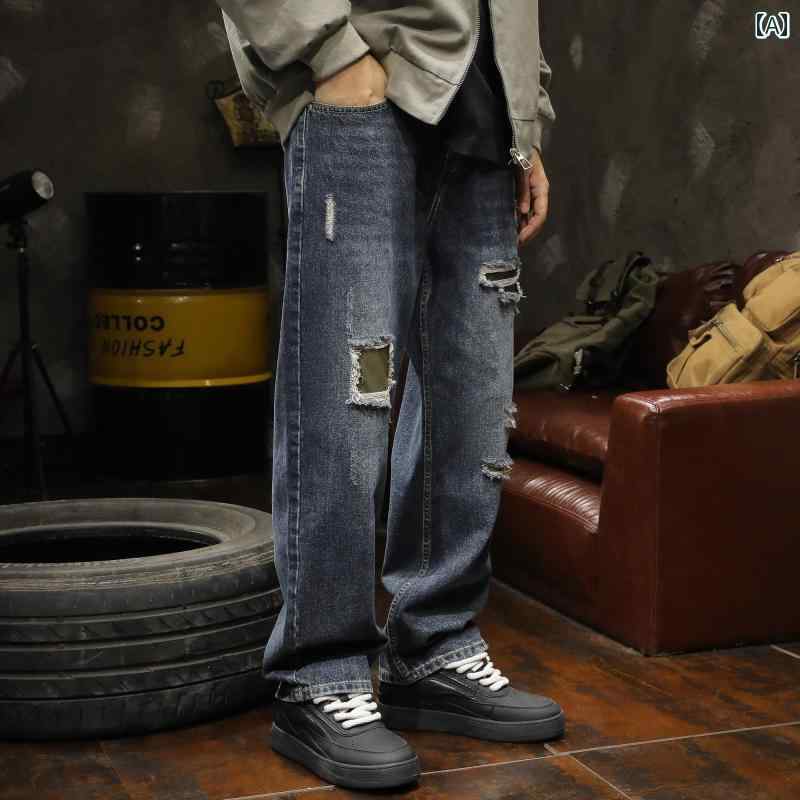 デニム パンツ メンズ ファッション 春秋 パッチ ジーンズ ストレート アメリカン レトロ ストリート カジュアル ロング パンツ 秋冬 ジッパー ややストレッチ性|セキュアデポ