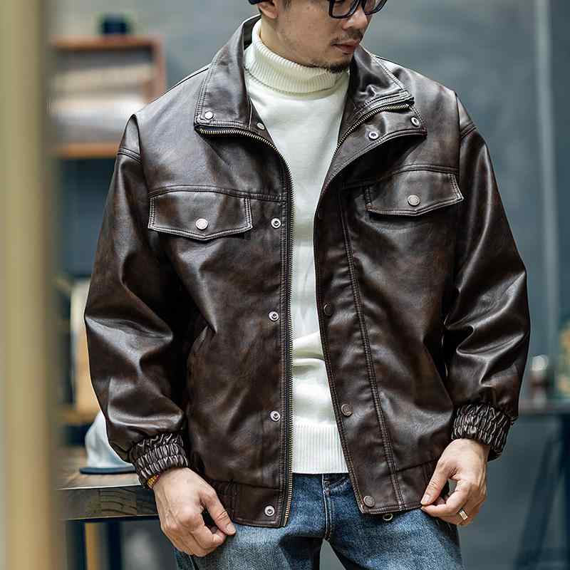 秋冬 メンズ レザー ジャケット 大きめサイズ レトロ トップス メンズ ワークウェア ジッパー レジャー 短い ゆったり サイドシームポケット｜セキュアデポ