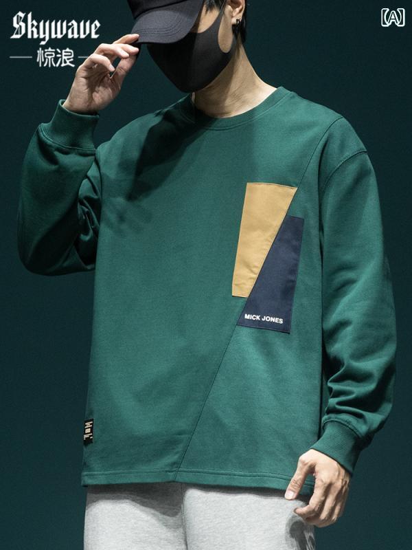 メンズ カジュアル トップス ゆったり ストリート レトロ スプライシング T シャツ 春 大きいサイズ 長袖 トレーナー ラウンドネックプルオーバー