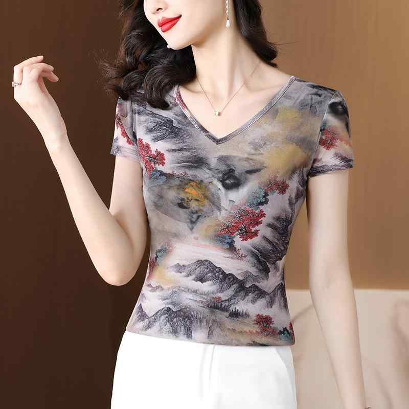 トップス シャツ レディース マザーズ 婦人服 普段使い 女性用 半袖 メッシュ Tシャツ 夏用 薄 スリム シック 水墨画 冷感 Tシャツ マザーズ
