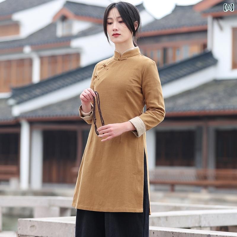 レディース 綿麻 バックル トップス 瀬戸もの風 お上さん服 瀬戸もの風 茶師 思い入れる 歳月 茶芸 思い入れる 思い入れる 中国風 ゆったり 分かりやすい その他-レディースファッション