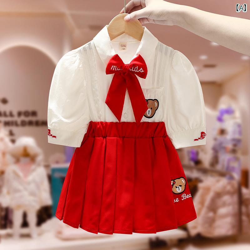 ドレス キッズ ウェア ガールズ スーツ 夏 jk 制服 レッド カレッジ サマー プリーツスカート 半袖 2点 セット