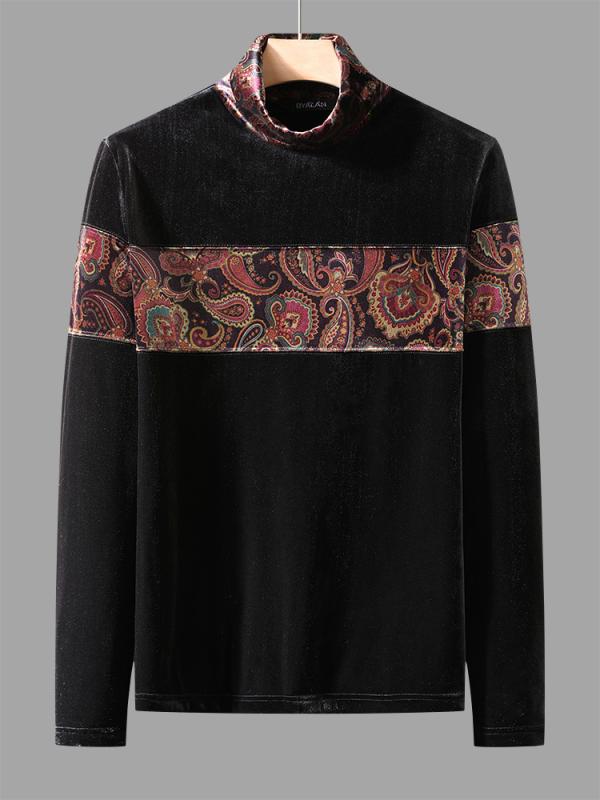 ロンT 柄シャツ メンズ おしゃれ着 ゴールド 起毛 長袖 Tシャツ メンズ 冬 ハイネック 韓国 裏起毛 厚手 暖かい トップス