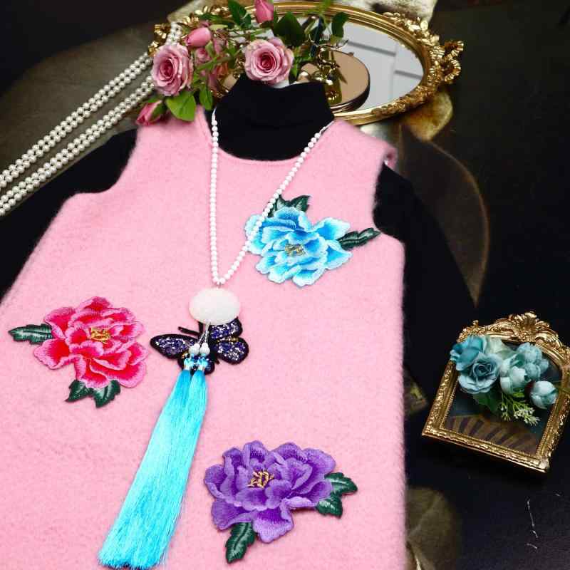 ドレス スカート ワンピース かわいい キッズ ファッション 子供服 女の子 秋冬 水 波紋 ウール パッチ 花 刺繍 チャイナ