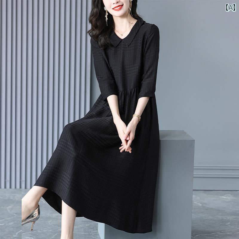 ワンピース ドレス レディース 春夏 豪華感 シンプル モダン デート レディース 千鳥柄 スリムフィット Aライン ロング スカート ポロ襟