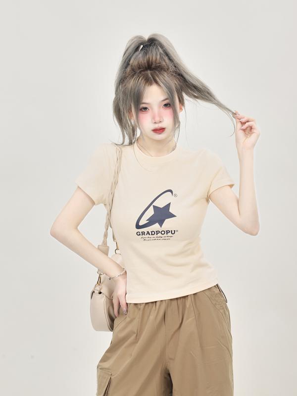 レディース アメリカン レトロ スリムフィット ショートショルダー Tシャツ 夏 半袖 トップス 夏