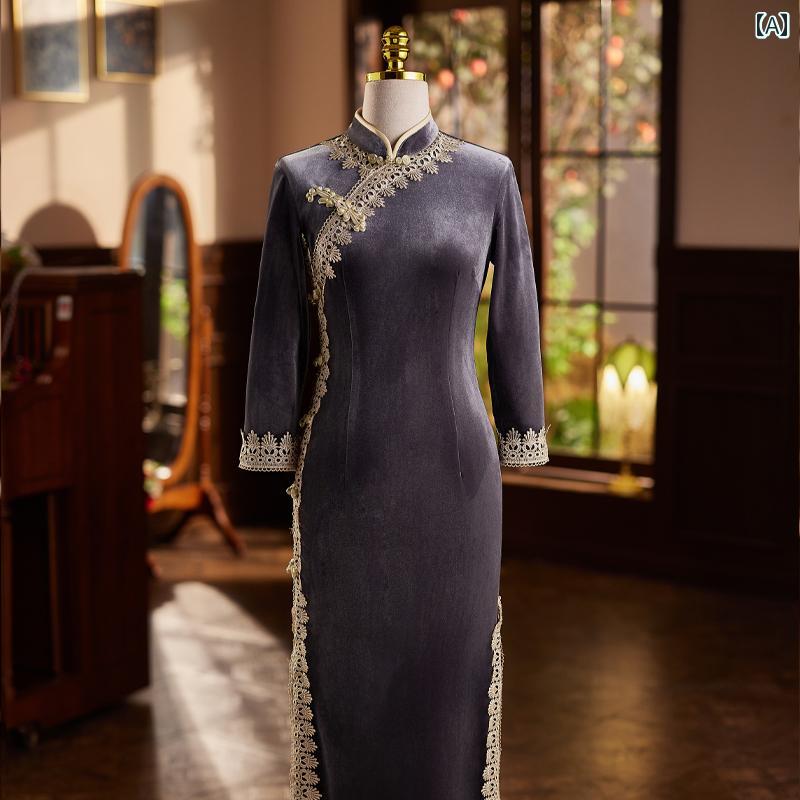 御召しもの 瀬戸もの 窈窕たる レディース 動作 民族服 成人女性用 飛び切り感 レトロ ゴールド 天鵞絨 中華風 長袖 秋冬 薄墨色 素晴らしい か細い