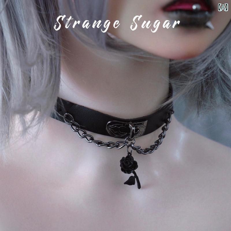 薔薇 チャーム アクセサリー 首輪 首 飾り レザー ショート ネックレス チョーカー ローズ ペンダント ダーク サブカルチャー ブラック 装飾 メタル 銅 クロム チェーン V系 パンク ロック