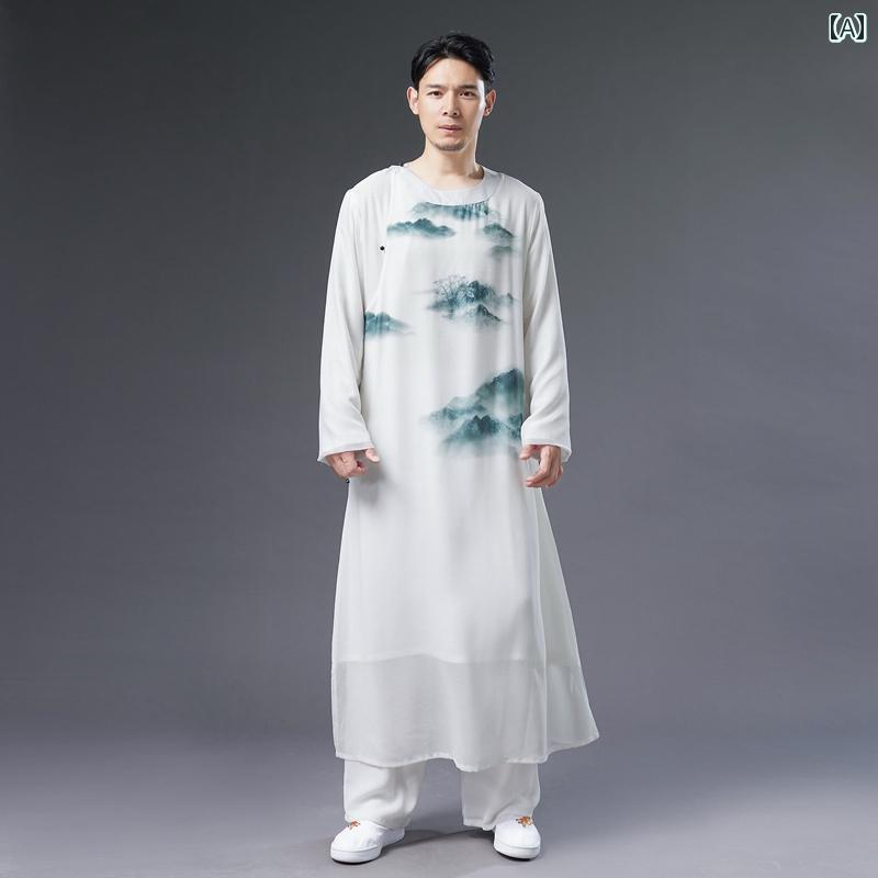 メンズ 中華風 明 レトロ 漢服 白いこと シフォン刷り上げる アンティーク 部屋着 演技 服 曲がった 乳ぶさ 衣装 その他-メンズファッション
