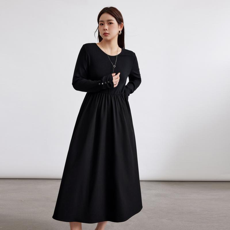 レディース ぽっちゃり 大きめサイズ 婦人服 ワンピース ドレス 長袖 レトロ ラウンドネック 春 ロング スリムフィット