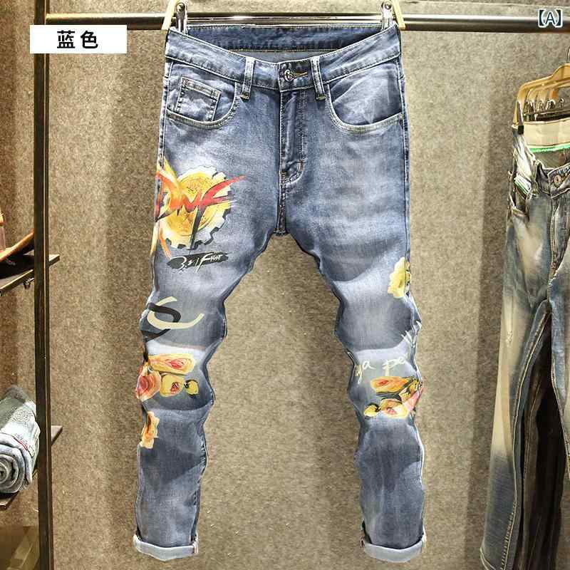 デニムパンツ メンズ プリント ストリート グラフィティ スリム フィット ストレッチ ジーンズ デニム オールシーズン ダメージ加工 ロング 7,113円