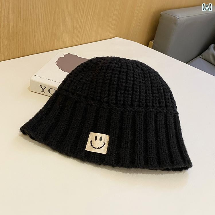パッチ ニット 帽子 レディース 韓国 かわいい 無地 バケットハット にこちゃんマーク シンプル アウトドア ファッション カジュアル