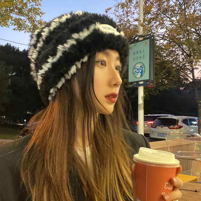 帽子 韓国 ストライプ ニット帽 暖かい 秋冬 レディース 耳保護 パイル