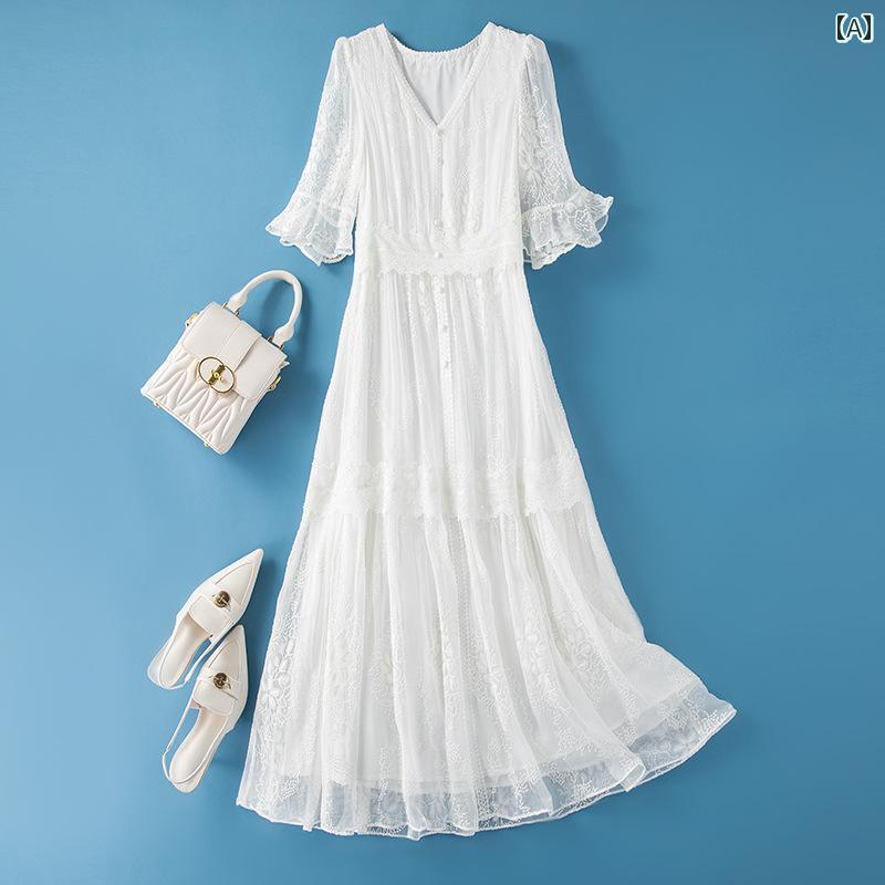 レディース 夏 サマー ワンピース きれいめ 上品 婦人服 マザーズ ドレス 女性 v ネック フレンチ ウエスト スリム シック 白 ハイエンド スカート