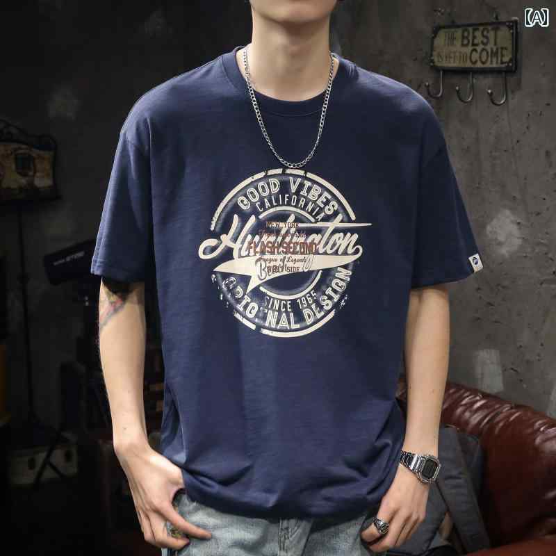 メンズ Tシャツ 半袖 アメリカン 夏 カジュアル プリント ラウンドネック 丸首 コットンウール 綿混紡 ポリエステル おしゃれ 厚手 ブルー ブラウン 茶 ゆったり 大きめサイズ メンズ ノーアイロン レジャー トップス ストリート レトロ シック