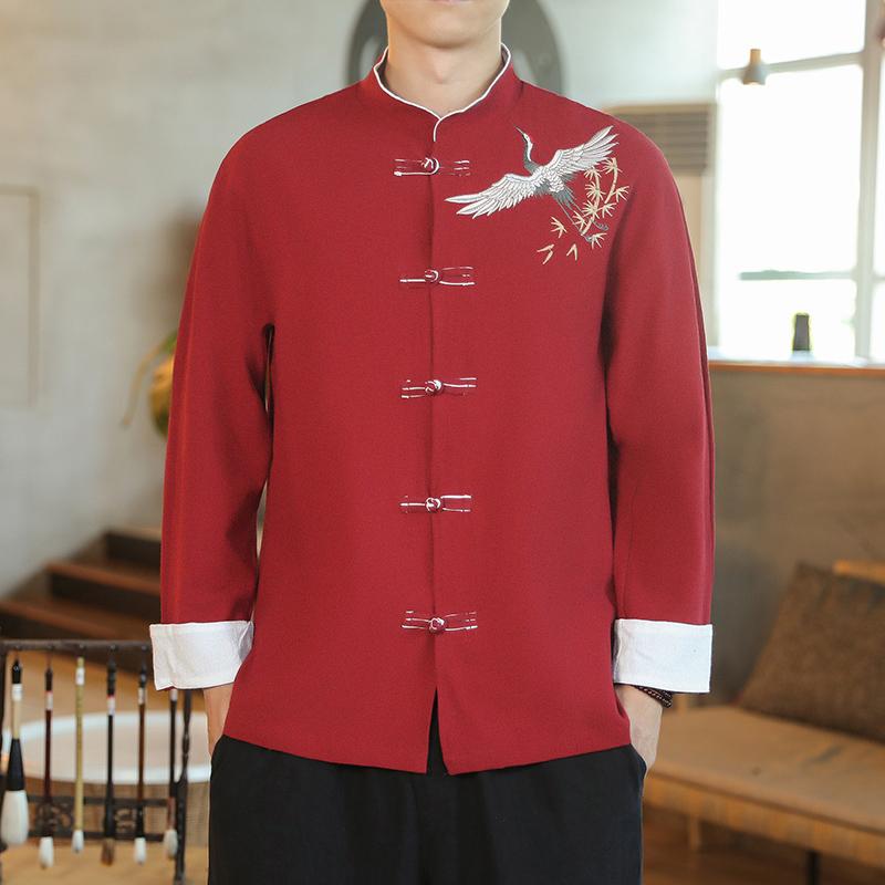 シャツ メンズ 秋 長袖 アウター 唐装 男性 中華風 新 綿 麻 レトロ ル ー ズ 大きいサイズ 刺繍 中華風