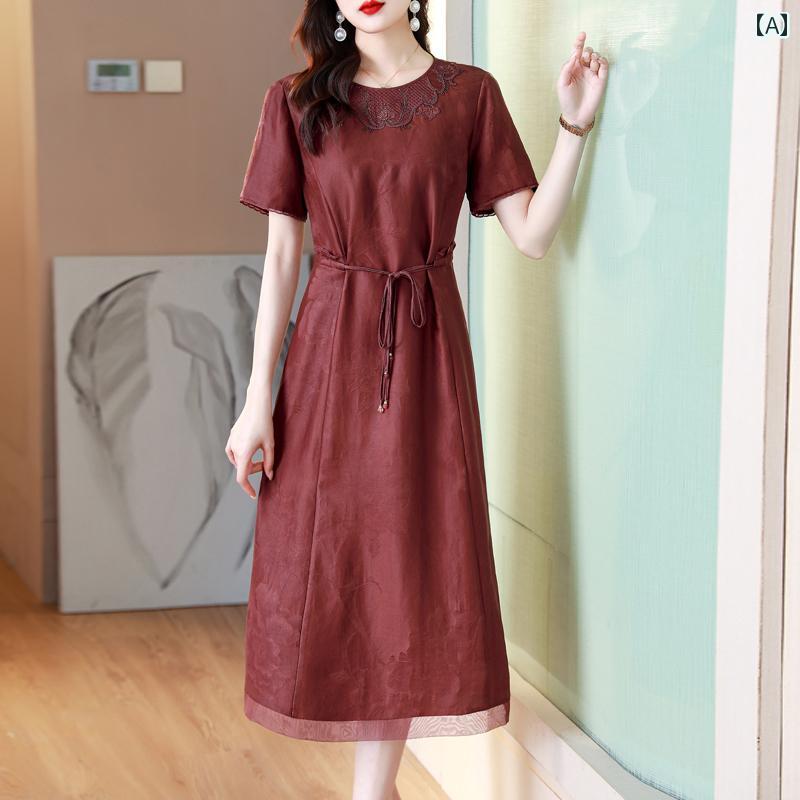 レディース 夏 ワンピース きれいめ 上品 マザーズ ミセス 婦人服 ハイエンド 赤い 刺繍入り 母 スカート 大きいサイズ 女性 チュール ドレス