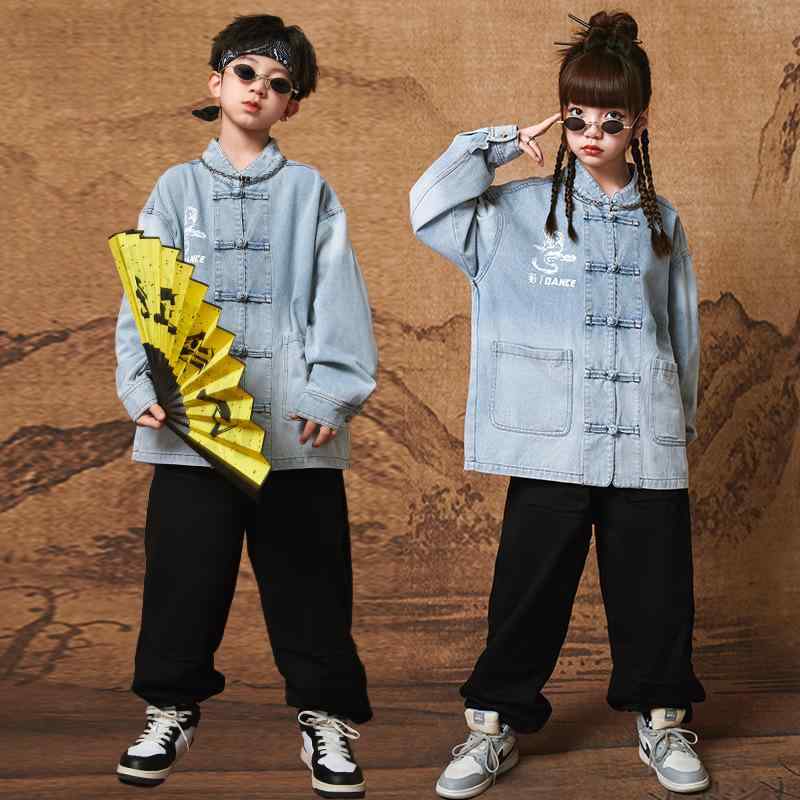 子供服 女の子 男の子 デニムジャケット パンツ チャイナ風 コスチューム バンド ダンス ヒップホップ ストリート系 パフォーマンス 衣装 クール かっこいい キッズ